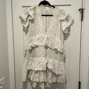 AvantLook White V-Neck Ruffle Polka Dot Dress